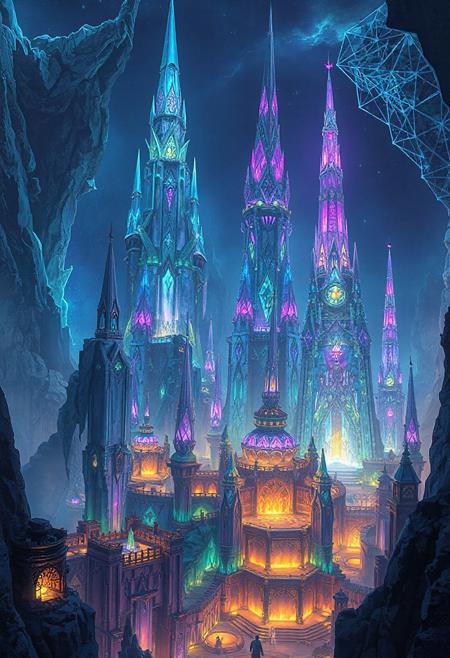 best quality, masterpiece, amazing quality, very aesthetic, absurdres, biopunk, crystal civilization, epic fantasy, crystal skyscrapers, bioluminescent towers, majestic, glowing crystal architecture, intricate temples, vibrant colors, deep lighting, blues, purples, greens, ancient-futuristic city, surreal design, otherworldly