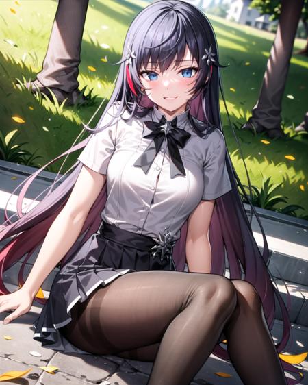 masterpiece, best quality, ultra-detailed, illustration, warm lighting, bright colors, 1girl,solo, long hair, very long hair, rosaria le friede,

black hair, blue eyes, black dress, black pantyhose,

school uniform, light smile, sitting, outdoors, t-shirt, casual wear,


 <lora:Rosa:0.60>