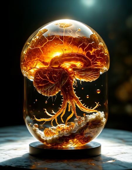 improved cinematic photo, 35mm photograph, film, professional, 4k, highly detailed, An amber fragment enclosing a Human Brain, The amber fragment is a smooth, slightly irregular sphere, roughly the size of a marble, with a warm golden-brown hue. Its surface is polished, gleaming softly under light, revealing a mesmerizing play of golden, honey, and orange tones. Tiny air bubbles and organic inclusions are scattered throughout, lending it a sense of antiquity and natural complexity. Inside, a perfectly preserved Human Brain lies suspended in time, its delicate body encased in the translucent amber. Around the Human Brain, subtle striations and minute organic fragments, possibly plant material or dust, create a vignette that frames the insect. The amberâs clarity varies in places, with some sections slightly cloudy, further accentuating the Human Brain as the focal point. The fragment feels timeless, a tiny time capsule offering a glimpse into a prehistoric world millions of years ago <lora:add-detail-xl:1.0><lora:aidmaMidjourneyV6.1-v0.1:0.9><lora:SDXLFaeTastic2400:0.8>