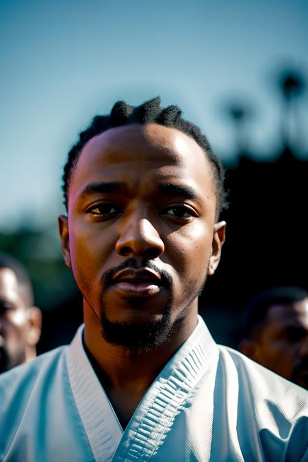 instagram photo, closeup face photo of Kendrick Lamar dressed as a Karate fighter, light shadows