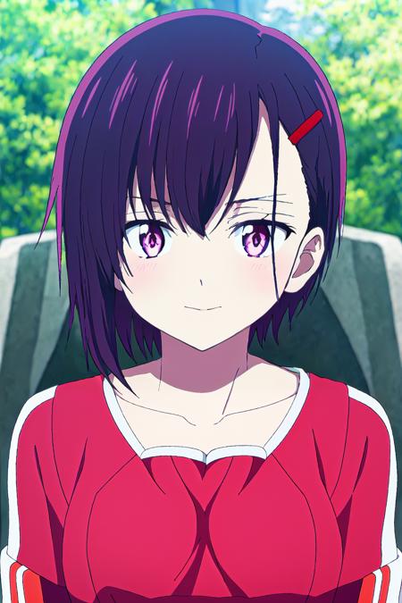 shizuka, short hair, red hairpin, dark purple hair, purple eyes, random sexy outfit, outdoor, 
high quality, best quality, ultra detailed, masterpiece, 1girl, young woman, <lora:EMS-51745-EMS:0.800000>