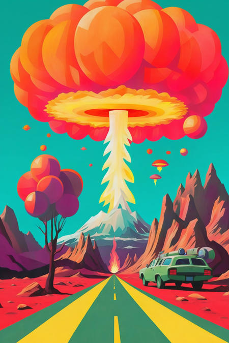 wes anderson palette, mgcgeomrkr, poster for a 1980s sci-fi movie, explosions, smoke, nuclear fallout