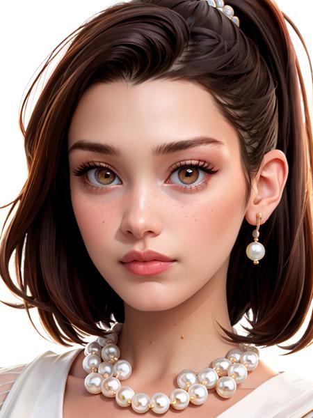 Realistic photo of a beautiful b3ll1h woman, 1girl,solo,looking at viewer,short hair,brown hair,white background,brown eyes,jewelry,ponytail,earrings,parted lips,teeth,necklace,mole,lips,portrait,freckles,realistic,pearl necklace, soft lighting, professional Photography, Photorealistic, detailed, RAW, analog, sharp focus, 8k, HD, high quality, masterpiece<lora:b3ll1h:1.0>