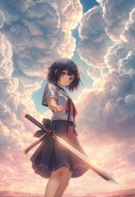 "Vertical 9:16 anime-style sky in ultra-detailed 4K resolution. A vast, painterly sky stretches endlessly, filled with massive, textured clouds in complex folds, subtle contours, and soft ridges. Gaps between the clouds reveal patches of baby-blue sky and warm sunlight beams filtering downward. Below, a mystical landscape fades into a dreamy blur. In the foreground stands an anime-style girl with shoulder-length dark hair and intense red eyes, inspired by Saya Otonashi from Blood+. She wears a traditional school uniform with a red ribbon and blue skirt, posed dynamically. She holds a katana with both hands in a ready stance, blade angled diagonally downward, tip glowing faintly, grip firm and focused. Her expression is serious and calm. Wind slightly lifts her hair and ribbon. Soft edge lighting surrounds her figure, with detailed cinematic lighting and subtle ambient haze. The color palette blends pastel blues, pinks, and golden sunlight, evoking a nostalgic, emotional atmosphere with ethereal, layered depth."