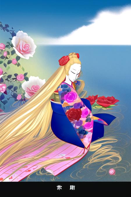 long kimono, long blonde hair, roses, woman sitting on grass, blue sky with clouds, <lyco:Masayuki-14:1.0>