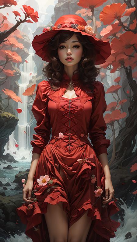 Full Fantasy Flower,<lora:Full Fantasy 000008:0.7>,holding flowers in hand,flower sea,creek,hat,forest,red dress,