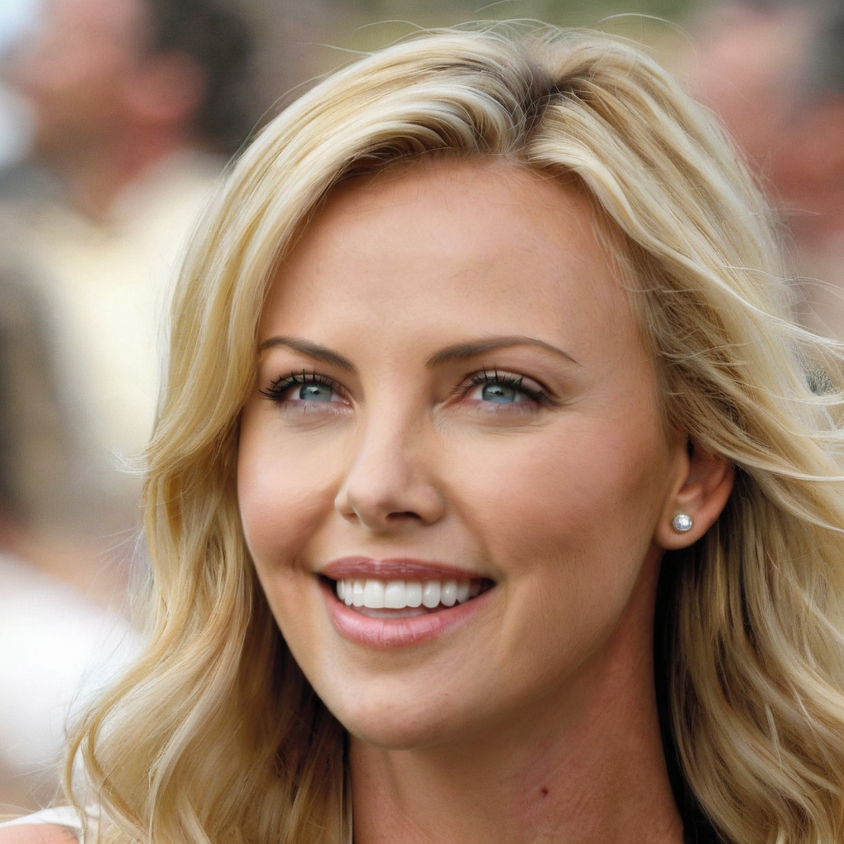 A smiling blonde woman with blue eyes.