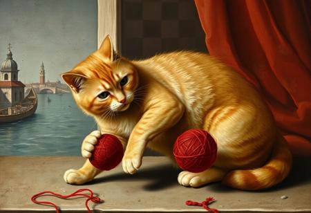 Long lost Leonardo da Vinci painting of a chubby ginger venetian cat playing with red threadball, 15th century Venice background