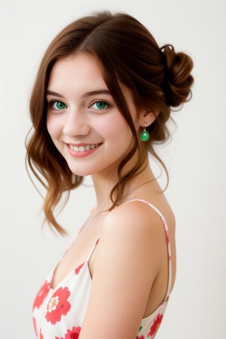 HD, perfect quality, 16k, very detailed,  a beautiful 21yo college girl with ginger hair in an updo, pale skin, wearing a calico floral dress, pink fleckes, green eyes, slim, detailed skin, hair behind ear, eyeshadow, smiling proudly, standing in front of white background