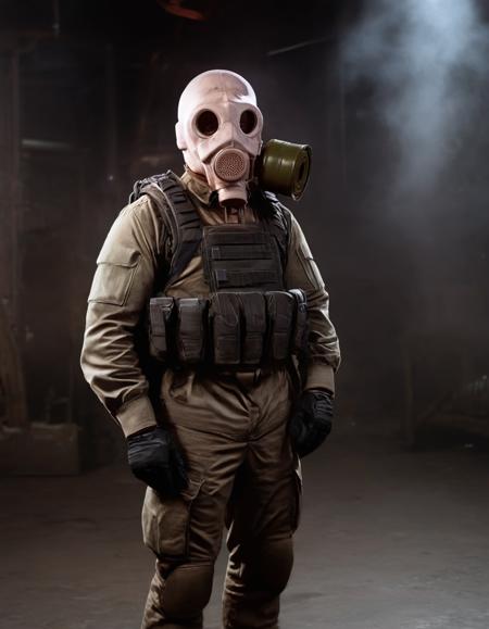 1man, tactical suite, black tactical vest, white gas mask pmg, pas mask filter, indoors, toxic dark factory, military, science fiction, toxic gas clouds, toxic smoke, realistic photograph,cinematic lighting,night, <lora:Gas_mask_PMG_Nerekhta:1>