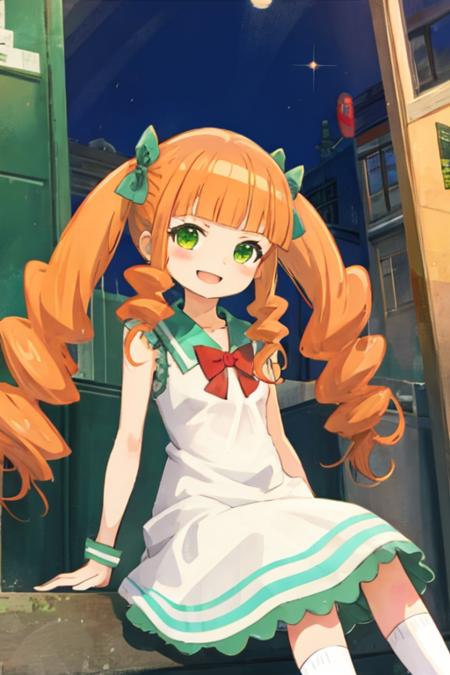 pomponette, green eyes, long hair, hair bow, twintail, hair drill, orange hair, white dress, bow, smile, sitting, city  <lora:pomponette-v3:0.9>