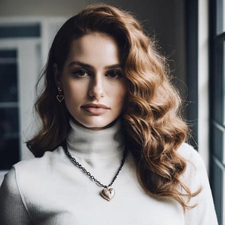 Looking straight at the camera, Film grain, skin texture, Instagram closeup selfie of a woman with beautiful wavy hair wearing a heart necklace,f/1.8,wearing a turtleneck shirt, mxpetsch , <lora:mapetsch_juggerX_xl_1_wocap-mxpetsch-000104:1>