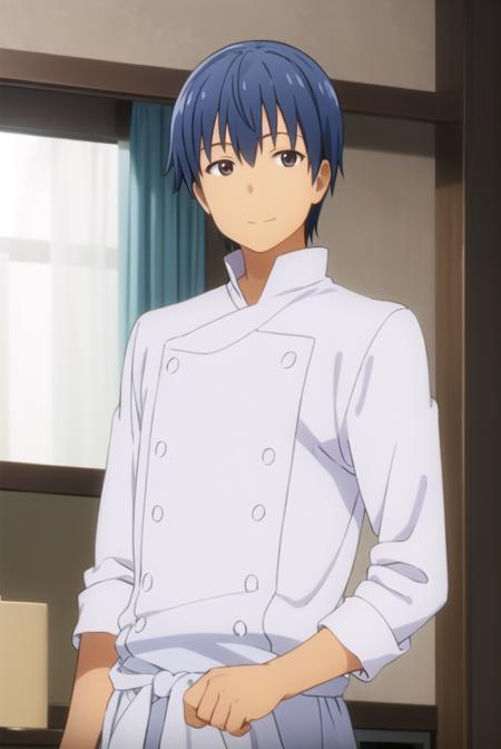 hiroomi souma, (brown eyes:1.3), blue hair, male focus, apron, buttons, waist apron, white pants, chef,