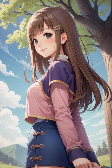 masterpiece, best quality, sophia esteed, hairclip, pink shirt, corset, pencil skirt, stockings, upper body, looking at viewer, smile, closed mouth, sky, forest, village, from side <lora:sophiaesteed-nvwls-v2-000012:0.9>