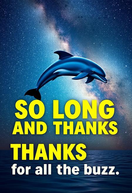 Epic, Jumping dolphin, starry sky, milky way, text: So long, and thanks for all the buzz
