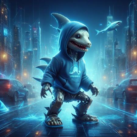 Cyberspace, glowing magical energy in cyberspace, a realistic little cute robot is wearing a blue hoodie. The hoodie has a shark shape with face printed on it and shark tail, he also wear slippers and is on the street of a futuristic city