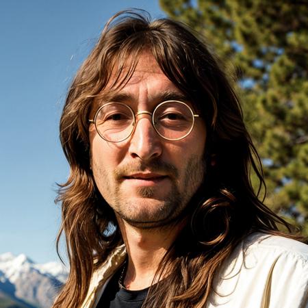 instagram photo, closeup photo of john lennon with long hair and beard in a beautiful landscape, (smile:0.4), hard shadows
