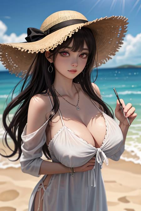 <lora:LCM_LoRA_Weights_SD15:1>
(masterpiece, best quality),(depth of field),shiny skin,1lady,solo,
Clothing: white flowy maxi dress,wide-brimmed hat,strappy sandals,Accessories: shell necklace,Hair: loose beach waves,Makeup: natural,glowing skin,Behavior: relaxed,carefree,free-spirited,Location: beach,resort,outdoor festival,red eyes,huge tits,<lora:L_IR01z1:0> <lora:L_IR02x2:0.4> <lora:L_IR03x1:0>