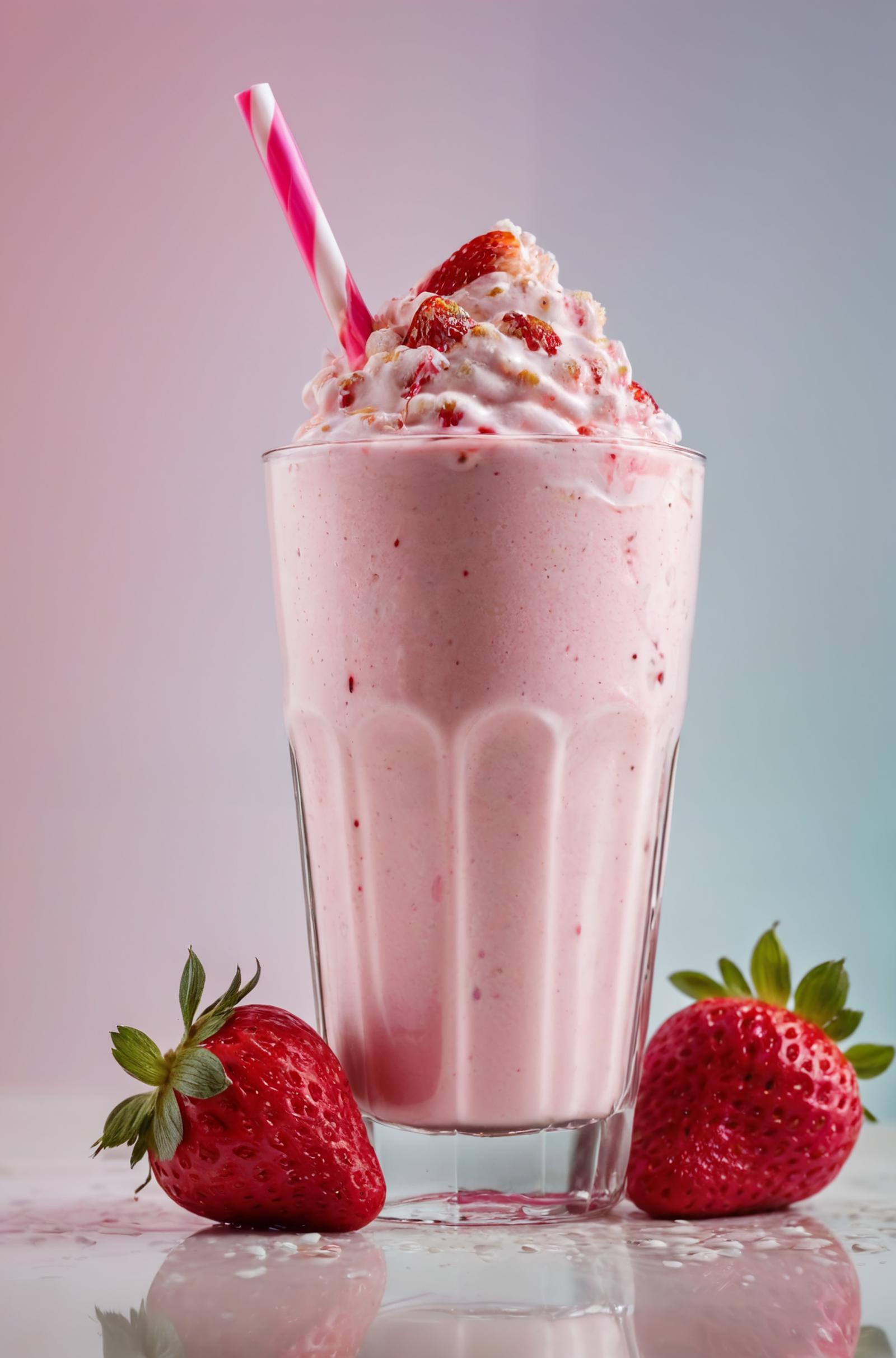 A glass of pink frosted strawberry milkshake with strawberries on the side.