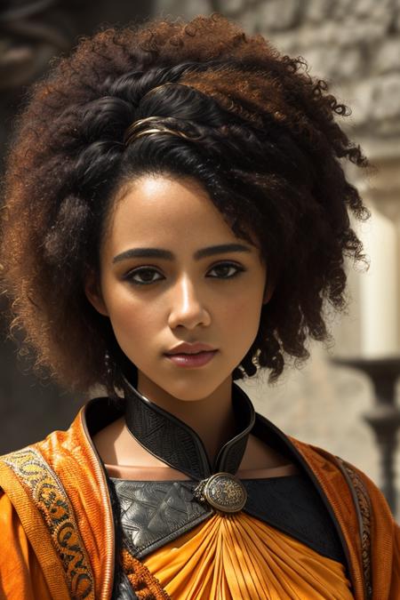 portrait photo of missanxx a black woman with short afro hair, wearing a orange gown in a royal palace in game of thrones, modelshoot style, (extremely detailed CG unity 8k wallpaper), photo of the most beautiful artwork in the world, professional photorealistic picture, NIKON, RAW, trending on ArtStation, trending on CGSociety, Intricate, High Detail, Sharp focus, dramatic, photorealistic painting art by midjourney and greg rutkowski <lora:missanxx:1>