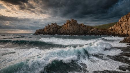 CINEMATIC SHOT,professional photo by Caravaggio of  wild nature,Sachalin,cliffs,rock formations,sea waves,rough sea,dramatic clouds,rule of thirds,view from surface,strong wave,(by Christopher Nolan:1.4),F11,(DOF, Cinematic Color grading, intricate, hyper realistic, detailed, flickr, cinematic lighting),<lora:Wild_nature_XL:1>,