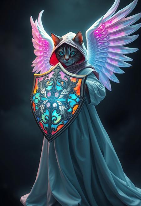 Mysterious cat angel with flowing white robes and a billowy pink hoodie, standing resolute in a defensive pose, with an epic shield that shimmers and glows with an otherworldly aura, its surface comprised of intricate, magical, and colorful fractal stained glass, reminiscent of the dreamlike artistry of Roger Dean and the vibrant colors of Syd Mead, set against a dramatic, cinematic background with deep chiaroscuro contrasts, and rich subsurface scattering, evoking the fantastical, in a bold, dynamic, and detailed digital art style with a mix of realism and fantasy elements