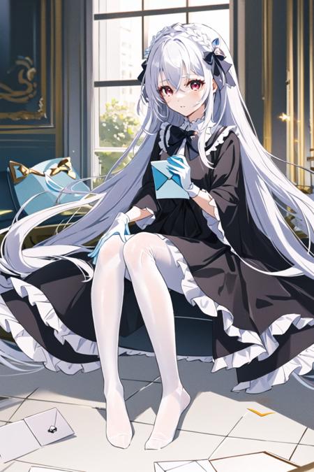 1girl, bangs, red_eyes, book, bow, dress, envelope, eyebrows_visible_through_hair, feet, frills, gloves, hair_between_eyes, hair_ornament, indoors, knees_up, long_hair, looking_at_viewer, no_shoes, pantyhose, silver_hair, sitting, skirt, solo, star_hair_ornament, very_long_hair, white_gloves, white_hair, white_legwear <lora:style_YoneyamaMaiSTDX0:1>