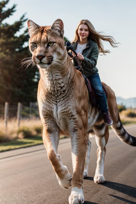 full body,photo of a 18 year old girl,riding on a oversized cougar,running,happy,looking at viewer,ray tracing,detail shadow,shot on Fujifilm X-T4,85mm f1.2,sharp focus,depth of field,blurry background,bokeh,lens flare,motion blur,<lora:add_detail:1>,