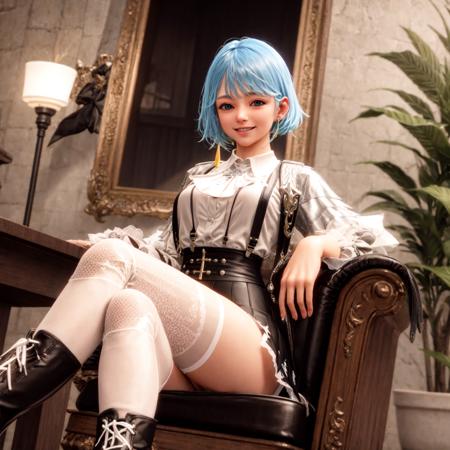 sitting, sofa, royal room, holding a glass of wine, legs crossed, dutch angle, masterpiece, higres, best quality, detailed eyes, detailed face, portrait, smile, looking at viewer, belle, 1girl, short hair, (blue eyes:1.2), blue hair, skirt, shirt, jewelry, white shirt, earrings, black skirt, suspenders, high-waist skirt, suspender skirt, boots, white thighhighs,   <lora:Belle1_lora:0.8>  <lora:add_detail:0.6>  fcDetailPortrait