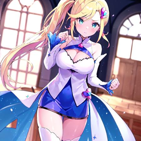 <lora:Minerva:0.6>, Minerva, 1girl, solo, blue eyes, large breasts, long hair, blonde hair, side ponytail. heart hair ornament, two-tone blue and white sleeveless dress, white detached sleeves past wrists, white thigh boots, cleavage_window, thigh_window,