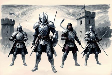 Pencil sketch, intricately detailed, rich shadows, highest resolution, highest quality, 8k UHD, 
best perfect realistic HD ultra HD 4k clear and detailed image, battle knights with a large and fearful fire dragon, nearby castle, weapons swords, crossbows, bows, detailed visualizations of knights, dragon and landscape, detailed depiction of their faces and weapons and armor, and o ...