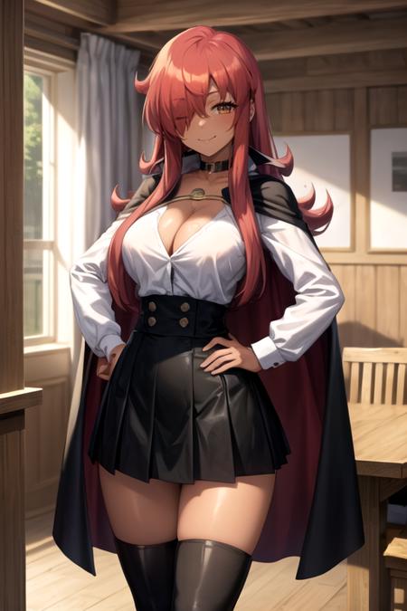 masterpiece,  best aesthetic,  best quality,  ultra detailed,  kirche_zero,  (zero_no_tsukaima:1.2),  (red hair,  long_hair:1.2),  hair_over_one_eye,  dark_skinned_female,  (large breasts:1.2),  (wide hips:1.2),  cleavage,  cape,  (pentacle:1.2),  (open shirt,  white shirt:1.2),  thigh boots,  choker,  (short skirt,  black skirt:1.2),  standing,  (cowboy_shot:1.2),  (hand on hip:1.2),  indoors,  wooden house,  looking_at_viewer,  (smile,  closed mouth:1.2), <lora:EMS-179-EMS:0.300000>, , <lora:EMS-71088-EMS:0.950000>