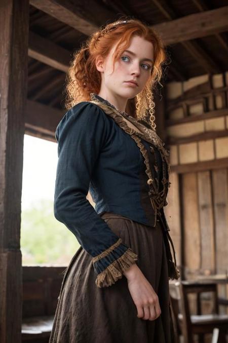 full shot photography of a pretty ginger irish girl, in the 18th century, blue eyes, messy victorian updo hairstyle, curly locks of hair pending over her shoulders, wearing a (dirty filthy ragged used pirate outfit:1.2), looking around her, detailed face, detailed hands, indecent dynamic pose, (angry rebelious smug expression:1.2), outside a tavern in an indonesian rustic fisher village, exquisite natural backlighting, dim light, rim light, low key, soft shadows, depth of field, photorealistic, analog film grain, rule of thirds, golden number, 8K, masterpiece