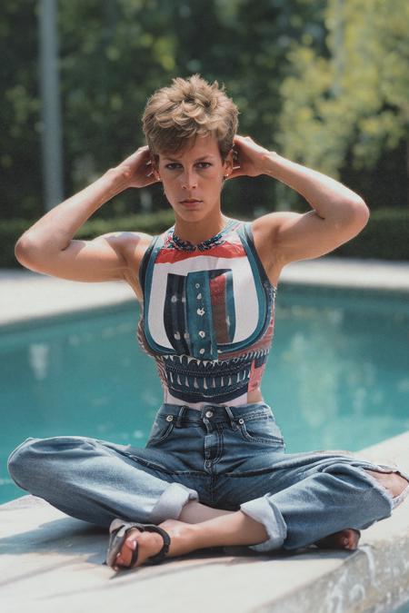 jamieleecurtis  woman sitting in front of a pool with her hands on her head , (masterpiece:1.2), (best quality:1.2), ultra high res, beautiful, (intricate details), unity 8k wallpaper, ultra detailed, aesthetic, perfect lighting, professional photograph, Zeiss 50mm F8, award-winning photo