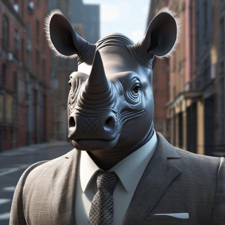 a rhino dressed suit and tie headshot, in the street, sk_3drender, looking at viewer sk_3drender