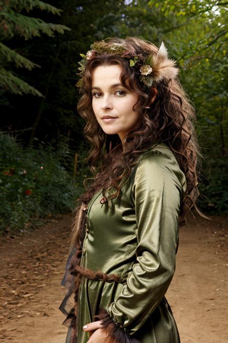 <lora:Helena_Bonham_Carter:1> 1woman, solo, mature hb1873c, , brown_hair, wavy hair, messy hair, forest fairy costume ,  zoo , evening