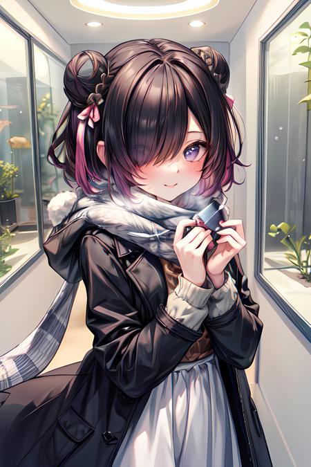 (((masterpiece))),highres,absurdres,(((best quality))),official art,<lora:add_detail>,perfect lighting,looking at viewer,aquarium,indoors,
1girl,hmsjervis,hair over one eye,dark hair,two-tone hair,double bun,winter clothes,black coat,scarf,blush,light smile,<lora:JervisAzurLane-09:0.7>,