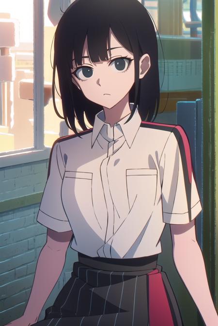 lingqiao, <lora:lingqiaotest:1>, 
ling qiao, bangs, black hair, medium hair, (black eyes:1.5),
BREAK skirt, shirt, white shirt, short sleeves, collared shirt, black footwear, red skirt, sandals, pocket, long skirt, shirt tucked in, breast pocket,
BREAK looking at viewer,
BREAK outdoors, city,
BREAK <lora:GoodHands-vanilla:1>, (masterpiece:1.2), best quality, high resolution, unity 8k wallpaper, (illustration:0.8), (beautiful detailed eyes:1.6), extremely detailed face, perfect lighting, extremely detailed CG, (perfect hands, perfect anatomy),