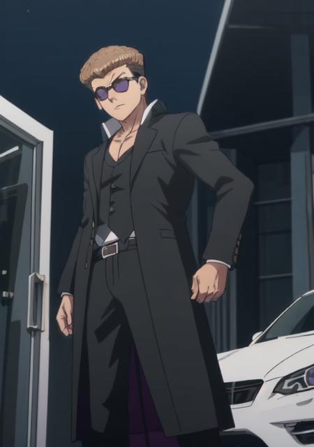 masterpiece, best quality, owada mondo, 1boy, pompadour, brown hair, purple eyes, (black suit, business suit:1.4), sunglasses, night, full body, standing in front of black car, from below, muscular, <lora:Owada_Lora-10:0.45>