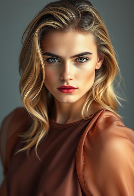 A strikingly beautiful 25-year-old man with androgynous features, smooth, flawless skin, and long flowing hair styled in loose, playful waves framing his face. His eyes, lined with a subtle winged eyeliner and a touch of shimmering gold shadow, sparkle with mischief and a hint of playful seduction. A swipe of shimmering pink lipstick adds a touch of playful defiance, a confident flourish in his embrace of his own unique beauty. He wears a flowing silk dress with delicate lace detailing, the fabric moving with a fluid grace as it drapes over his slender frame. His jawline is softly defined, his features delicate and feminine. He gazes directly at the viewer with a hint of a smirk, an air of confident sensuality radiating from him, a man who delights in the fluidity of his gender expression.