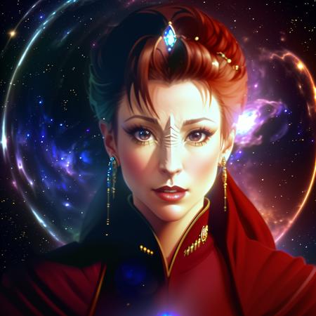 sdn <lora:diffusiondesign_SDN_LoRA_1.12:0.9>, wide view portrait of kira nerys, bajoran, woman, elegant, warrior princess, fantasy, intricate, highly detailed, digital painting, unreal engine, artstation, digital art, dramatic, cosmic princess, galactic background, (tiara), pixiv, floating in space, beautiful, nana visitor, red attire, full body, earring, wormhole, lens flare