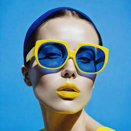 abstract portrait of woman s face, wearing yellow sunglasses, fashion, blue background, Yves Klein Style