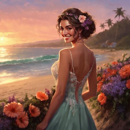 artwork in jrst artstyle of a 25 year old woman wearing summer prom dress, beach, sundown, smiling, flower in hair, hd, 4k, high-quality