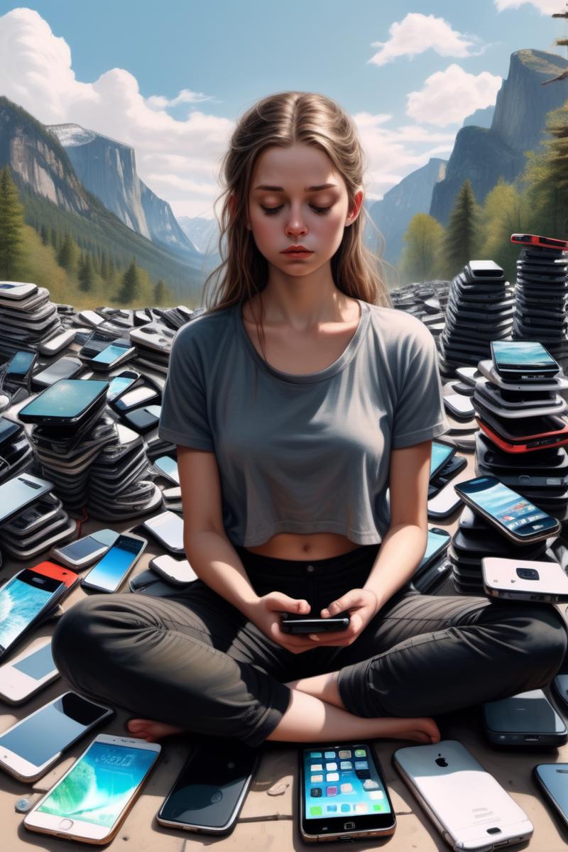 A woman in a grey shirt surrounded by many cell phones.
