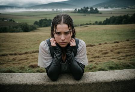 Cinematic photograph of a 22 year old wet pear shaped peasant woman in a small old village sitting on a stone fence while it's raining, she is looking furious and angry, eyeliner, freckles on her body ,clouds in the horizon, she is wearing a medieval metal knight plate armor and gloves, it's raining heavily, wet moving hair, black bangs hair, shallow depth of field, vignette, highly detailed, high budget Hollywood movie, bokeh, cinemascope, moody, mist, epic, gorgeous, film grain, grainy, front, (Style-DA:1.3) dramatic pov