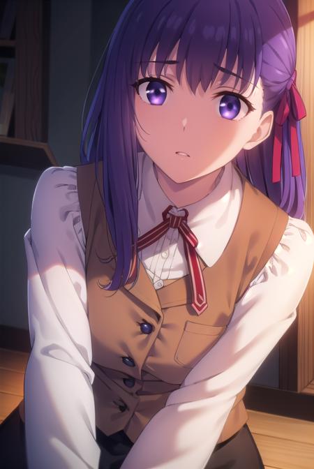 sakuramatou, <lora:sakura matou ubw-lora-nochekaiser:1>,
sakura matou, long hair, (purple eyes:1.1), purple hair, ribbon, hair ribbon, red ribbon,
BREAK shirt, white shirt, collared shirt, long sleeves, neckertie, red neckertie, vest, light brown vest, skirt, black skirt,
BREAK indoors,
BREAK looking at viewer, (cowboy shot:1.5),
BREAK <lyco:GoodHands-beta2:1>, (masterpiece:1.2), best quality, high resolution, unity 8k wallpaper, (illustration:0.8), (beautiful detailed eyes:1.6), extremely detailed face, perfect lighting, extremely detailed CG, (perfect hands, perfect anatomy),