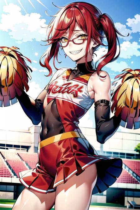 best quality, masterpiece, solo, 1boy,  <lora:grell-10:0.6> ,smile, sharp teeth,  twintails, cheerleader,  red hair,