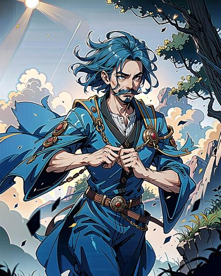 ((masterpiece), best quality, high quality, professional quality, highly detailed, highres, perfect lighting, natural lighting), (1boy, slender, handsome, mustache, short hair, blue hair), wearing wizard robes, running, outdoors