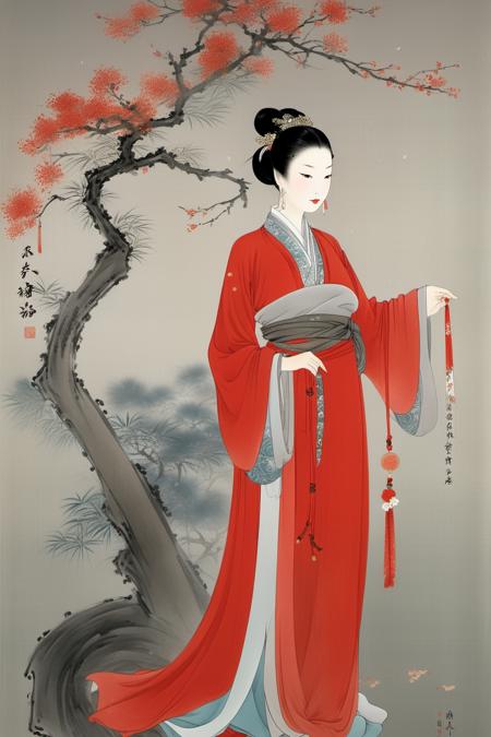 LU,1girl,solo,black hair,flower,sash,chinese clothes,hair bun,full body,hanfu,branch,red lips,long sleeves,standing,hair ornament,makeup,wide sleeves,single hair bun,holding,updo,closed mouth,tassel,lipstick,closed eyes,tree,grey background,red dress,Chinese Hanfu,