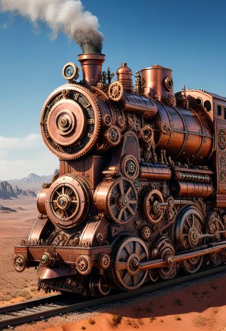 masterpiece, best quality, 8K, absurdres, photorealistic, intricate details, a photo of a massive steampunk train with copper metallic accents and gears rolling across a vast desert landscape